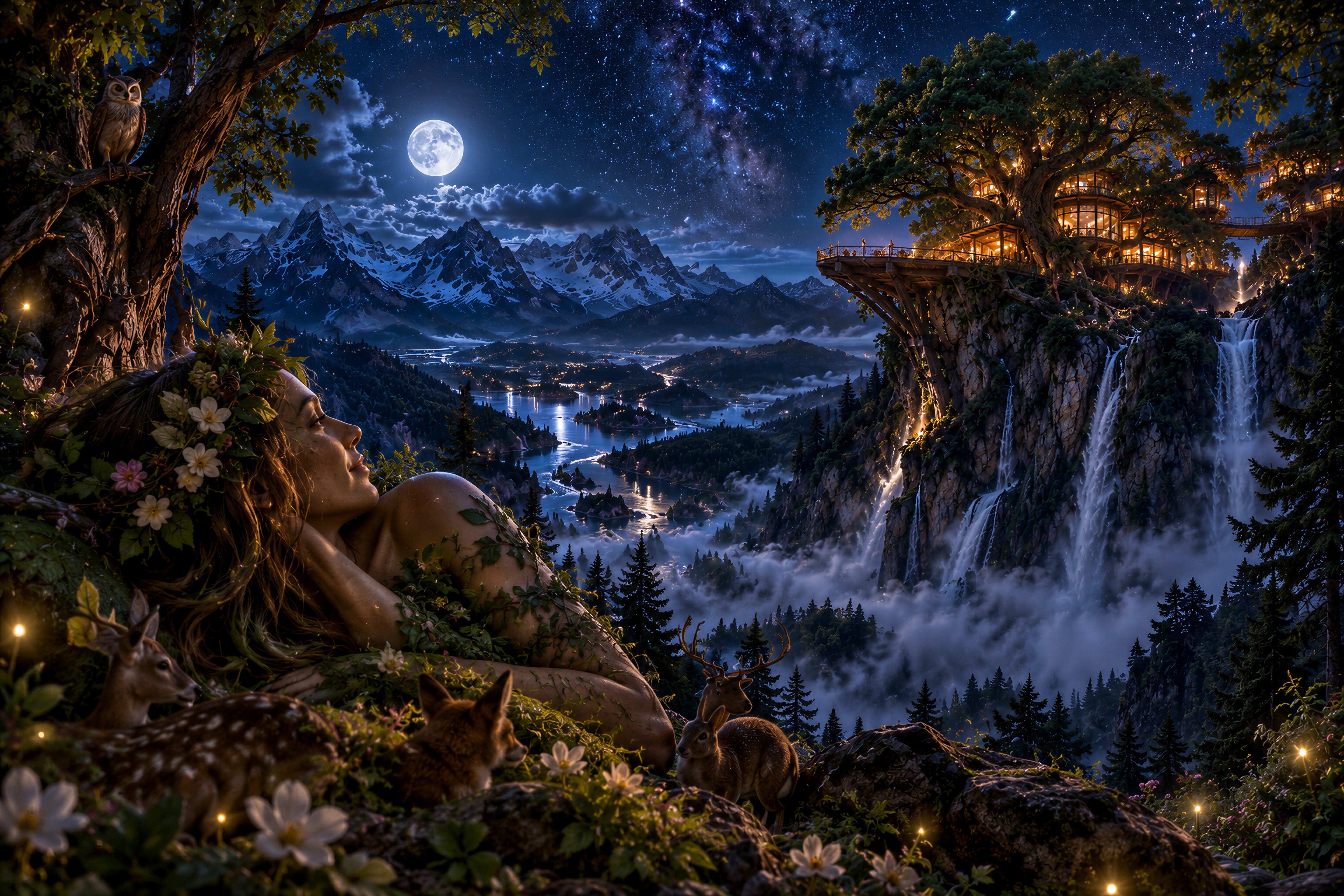 Mother Nature beneath the moon beside the Knockspace treehouses